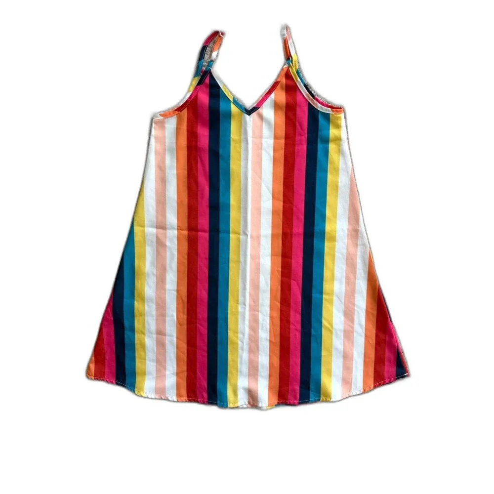Girls Size 7Y Rainbow Stripe Cami Dress A-Line Summer Sundress Colorful EUC